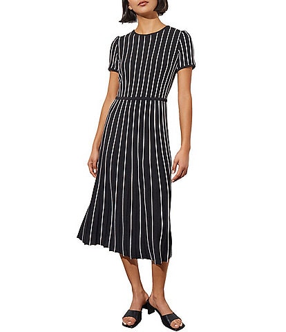 Ming Wang Striped Print Soft Knit Scoop Neck Short Sleeve A-Line Midi Dress