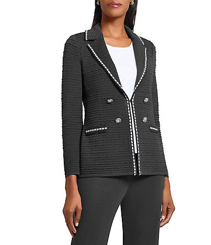 Ming Wang Textured Knit Contrast Trim Notch Lapel Long Sleeve Jacket