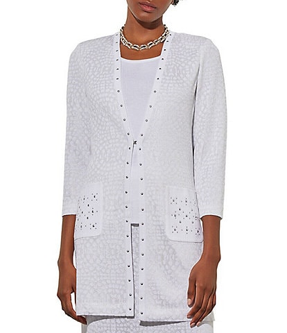 Ming Wang Textured Knit Studded Trim Patch Pocket Open Front 3/4 Sleeve Jacket