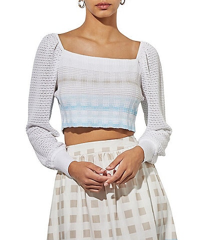 Ming Wang Textured Soft Knit Stretch Ombre Box Plaid Print Square Neck Long Bishop Sleeve Cropped Top