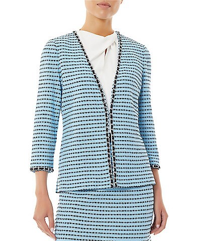 Ming Wang Textured Striped Knit Chain Trim 3/4 Sleeve Jacket