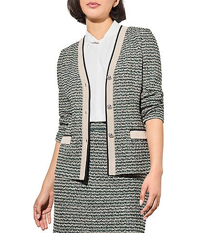 Ming Wang Textured Tweed Knit Striped V-Neck 3/4 Sleeve Coordinating Button Front Statement Jacket