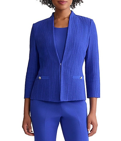 Ming Wang Textured Wave Knit V-Neck 3/4 Sleeve Jacket