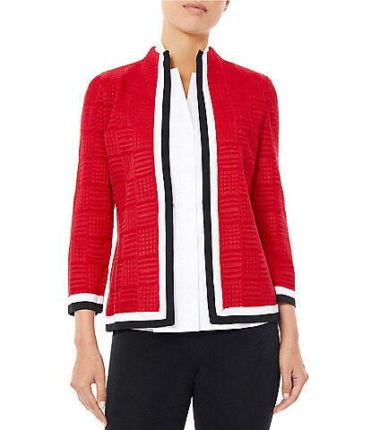 Ming Wang Tonal Stripe Stand Collar 3/4 Sleeve Contrasting Trim Knit Jacket