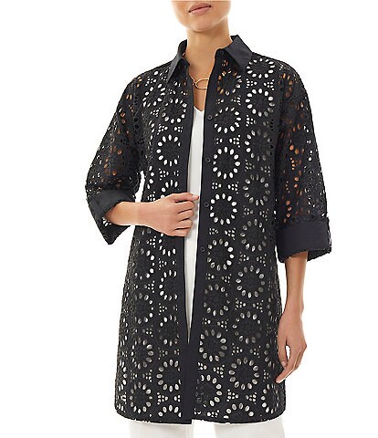 Ming Wang Topper Woven Lace Floral Eyelet Point Collar 3/4 Roll-Tab Sleeve Button-Front Tunic