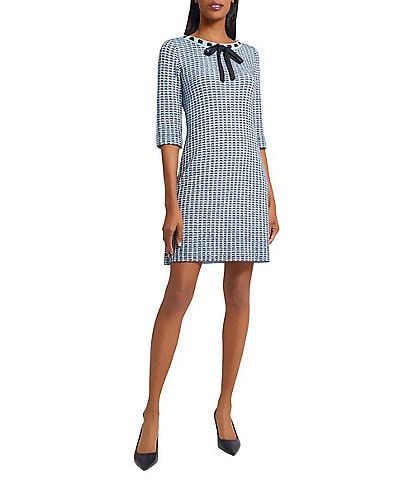Ming Wang Tweed Knit Crochet Bow Round Neck Elbow Sleeve Sheath Dress