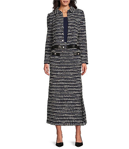 Ming Wang Tweed Knit Multi-Stitch Point Collar Long Sleeve Jacket & Coordinating Faux Leather Pocket Maxi Pencil Skirt