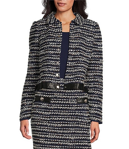 Ming Wang Tweed Knit Multi-Stitch Point Collar Long Sleeve Coordinating Jacket