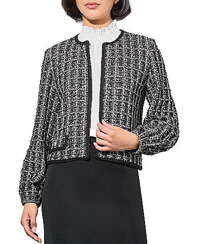 Ming Wang Tweed Knit Printed Crew Neck Long Sleeve Contrast Trim Jacket
