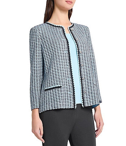 Ming Wang Tweed Knit Round Neck Bracelet Sleeve Crochet Trim Jacket