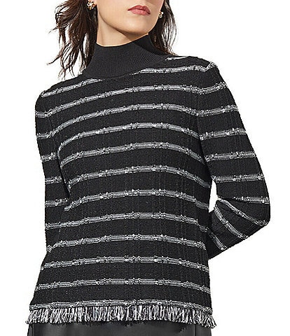 Ming Wang Tweed Knit Stripe Print Mock Neck Long Sleeve Fringe Trim Hem Top