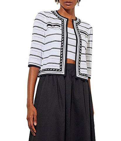 Ming Wang Tweed Knit Striped Contrast Trim Round Neck 3/4 Sleeve Open Front Cropped Jacket
