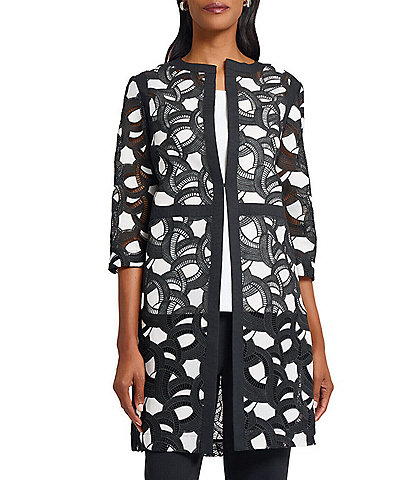 Ming Wang Two-Tone Lace Round Neck 3/4 Sleeve Jacket