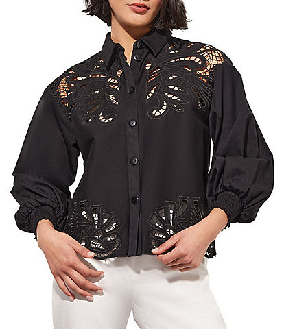 Ming Wang Western Stretch Cotton Floral Lace Cut-Out Point Collar Long Bishop Sleeve Blouse