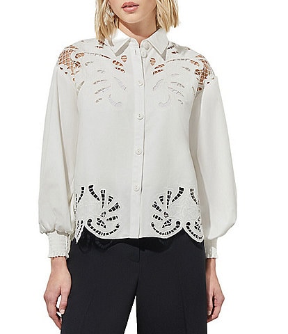 Ming Wang Western Stretch Cotton Floral Lace Cut-Out Point Collar Long Bishop Sleeve Blouse