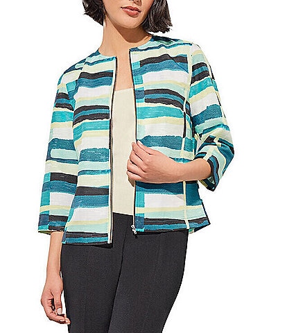Ming Wang Woven Abstract Print Round Neck 3/4 Sleeve Zip Front Jacket