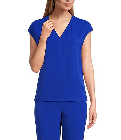 Ming Wang Woven Crepe V-Neck Cap Sleeve Top