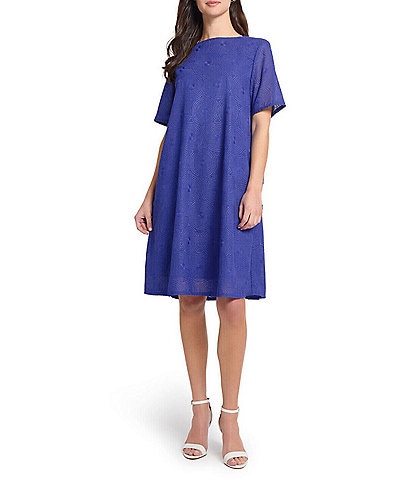 Ming Wang Woven Embroidered Crew Neck Short Sleeve A-Line Dress