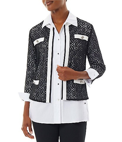Ming Wang Woven Floral Lace Contrast Trim Jewel Neck 3/4 Sleeve Eyelet Statement Jacket