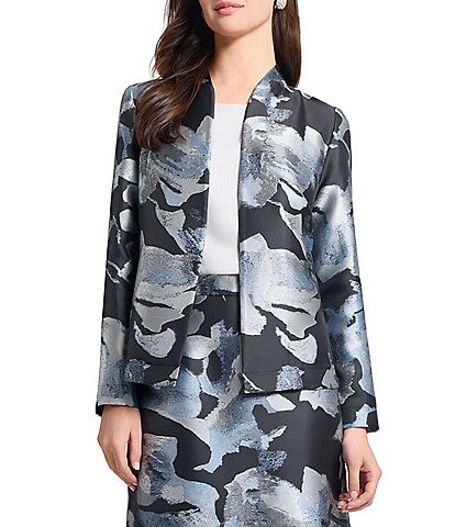 Ming Wang Woven Floral Print Mandarin Collar Long Sleeve Open Front Coordinating Jacket