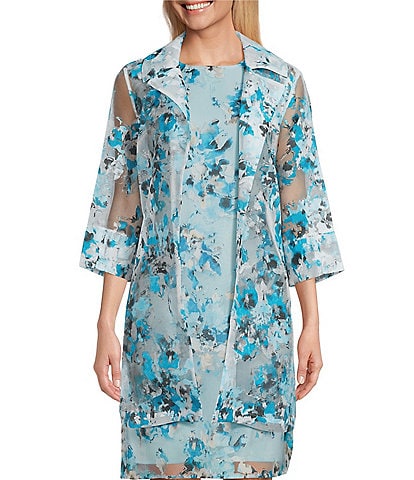 Ming Wang Woven Floral Sheer 3/4 Sleeve Open-Front Jacket