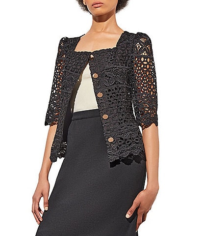 Ming Wang Woven Lace Square Neck Elbow-Length Sleeves Belted Jacket