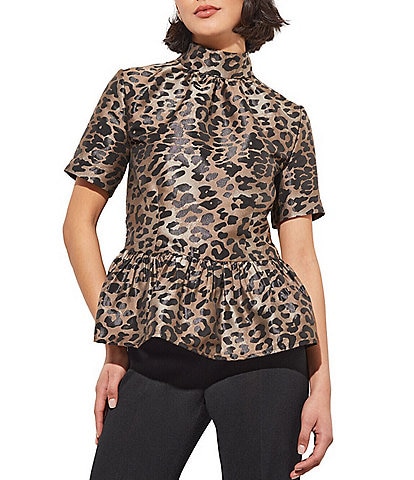 Ming Wang Woven Leopard Print Mock Neck Short Sleeve Peplum Blouse