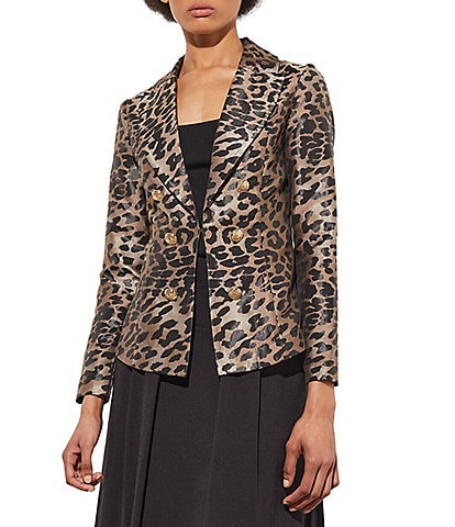 Ming Wang Woven Leopard Print Notch Lapel Collar Long Sleeve Double-Breasted Jacket