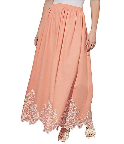 Ming Wang Woven Novelty Embroidered A-Line Maxi Skirt