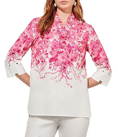 Ming Wang Woven Poplin Floral Print Ruffle V-Neck 3/4 Sleeve Side Slit Drop Shoulder Tunic
