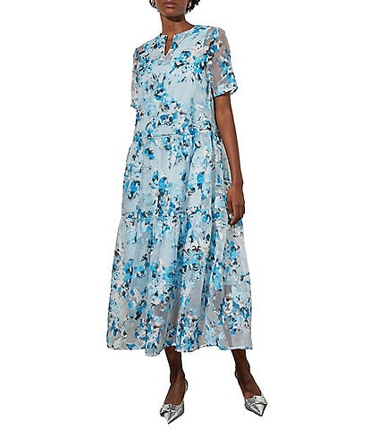 Ming Wang Woven Sheer Floral Print Split Round Neck Short Sleeve A-Line Tiered Maxi Dress