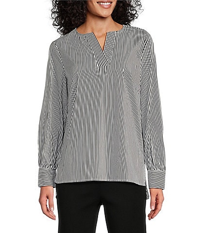 Ming Wang Woven Stripe Print Split V-Neck Long Cuffed Sleeve Back Yoke High-Low Hem Blouse