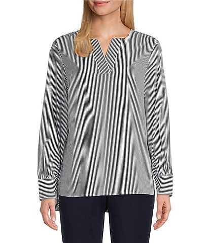 Ming Wang Woven Stripe Print Split V-Neck Long Cuffed Sleeve Back Yoke High-Low Hem Blouse