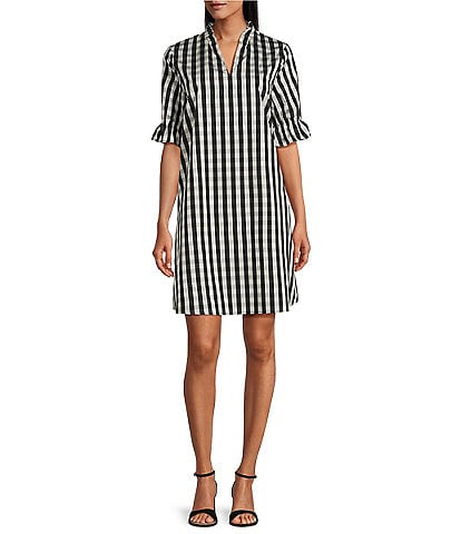 Ming Wang Woven V-Neck Short Sleeve Ruffle Dress