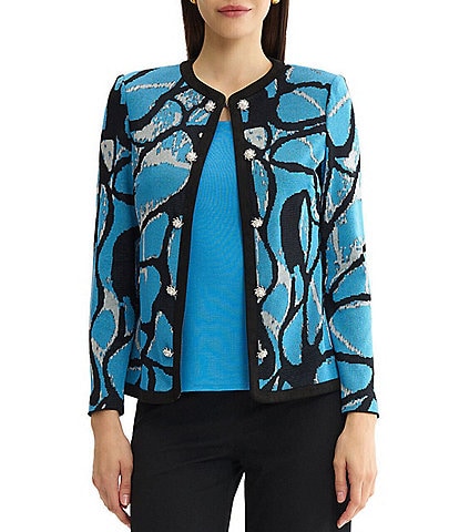 Ming Wang Wrinkle-Resistant Jacquard Knit Abstract Long Sleeve Jacket