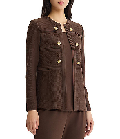 Ming Wang Wrinkle Resistant Tailored Pointelle Knit Ribbed Trim Long Sleeve Jacket