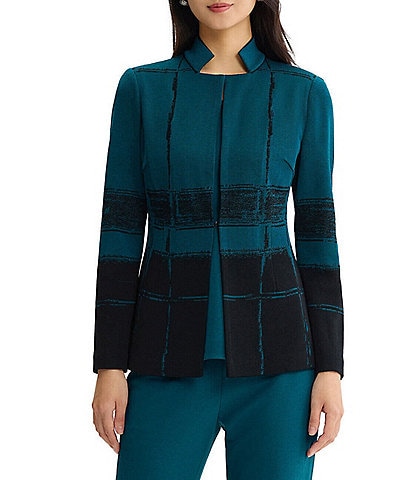 Ming Wang Wrinkle-Resistant Two-Tone Flat Knit Colorblock Inverted Notch Collar Long Sleeve Jacket
