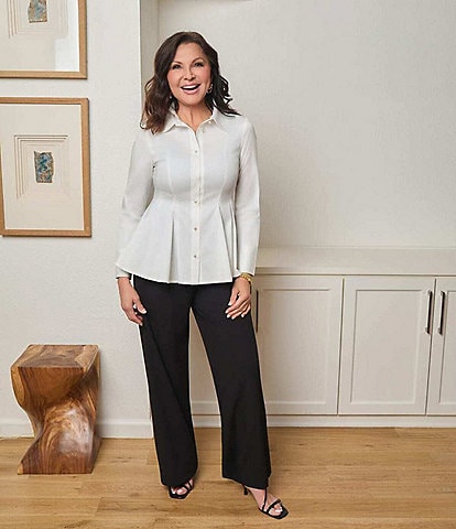 Ming Wang x Anna Marie Stretch Cotton-Blend Point Collar Long Sleeve Button-Front Peplum Blouse