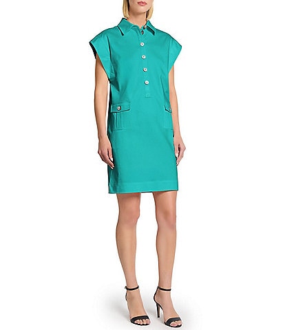 Ming Wang x Tanya Foster Cotton Blend Utility Cap Sleeve Shift Dress