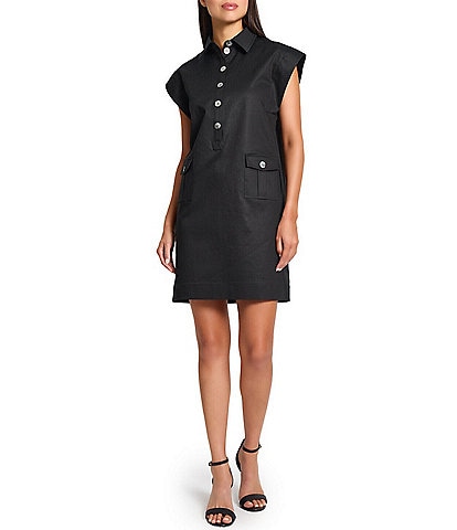 Ming Wang x Tanya Foster Cotton Blend Utility Cap Sleeve Shift Dress