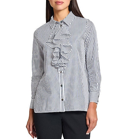 Ming Wang x Tanya Foster Cotton Pinstripe Point Collar Water Fall Long Sleeve Blouse