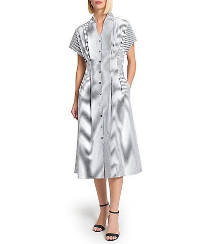 Ming Wang x Tanya Foster Cotton Pinstripe Stand Collar Short Sleeve Fit-And-Flare Dress
