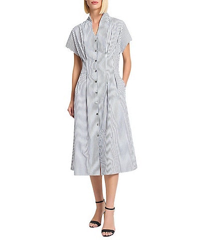 Ming Wang x Tanya Foster Cotton Pinstripe Stand Collar Short Sleeve Fit-And-Flare Dress