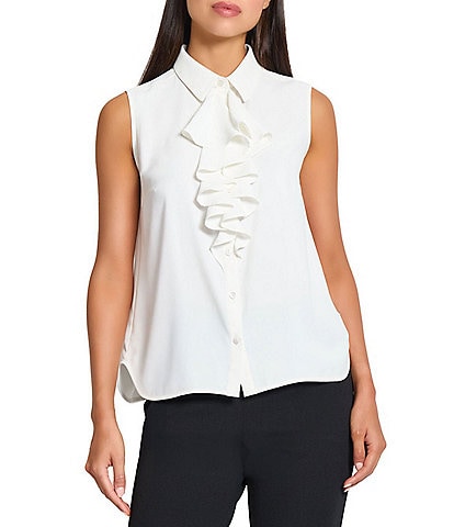 Ming Wang x Tanya Foster Crepe De Chine Point Collar Waterfall Neck Sleeveless Blouse