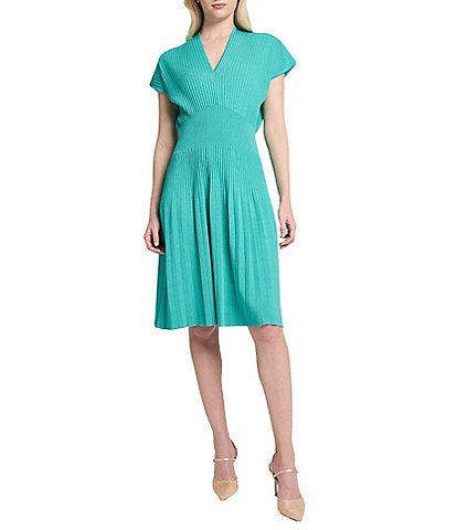 Ming Wang x Tanya Foster Ribbed Knit V-Neck Short Sleeve Fit-And-Flare Dress