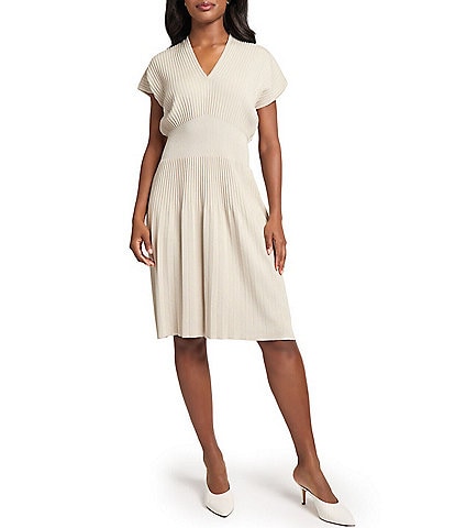 Ming Wang x Tanya Foster Ribbed Knit V-Neck Short Sleeve Fit-And-Flare Dress