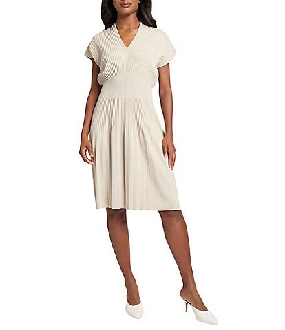 Ming Wang x Tanya Foster Ribbed Knit V-Neck Short Sleeve Fit-And-Flare Dress
