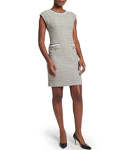 Ming Wang x Tanya Foster Tweed Knit Round Neck Cap Sleeve Sheath Dress