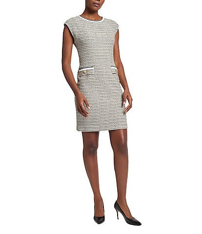 Ming Wang x Tanya Foster Tweed Knit Round Neck Cap Sleeve Sheath Dress