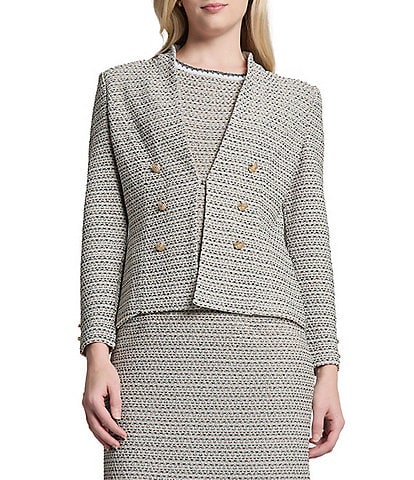 Ming Wang x Tanya Foster Tweed Knit V-Neck Long Sleeve Hook Front Jacket